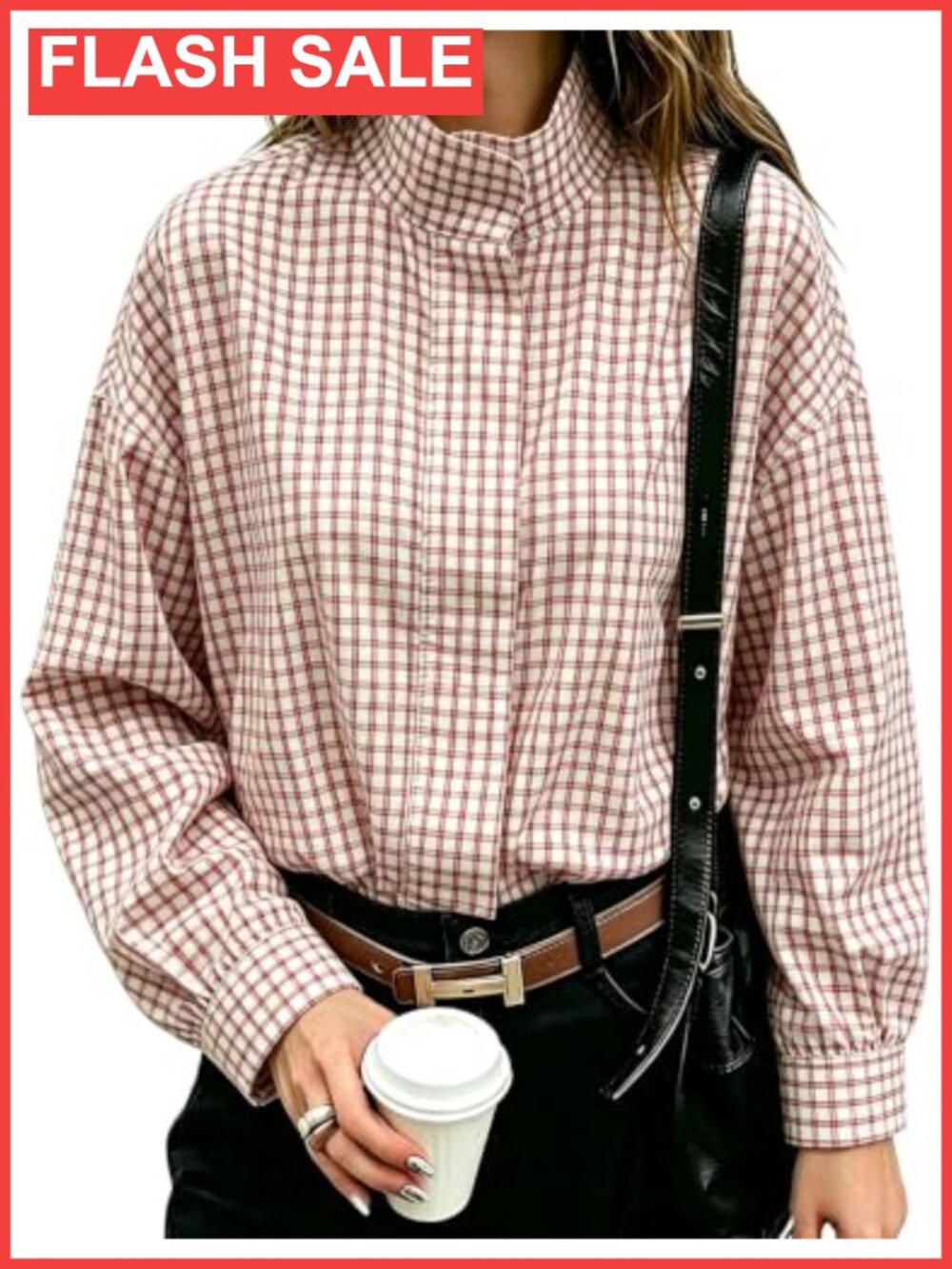 Oversized Cropped Gingham Plaid Zip Up Stand Collar Batwing Sleeve Jacket